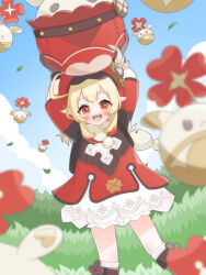  1girl :d absurdres arms_up blonde_hair blue_sky blush boots brown_boots clouds commentary_request double-parted_bangs dress dutch_angle feet_out_of_frame genshin_impact gradient_sky grass hair_between_eyes hat highres klee_(genshin_impact) kneehighs layered_dress long_hair long_sleeves looking_at_viewer open_mouth outdoors petako_(ptpt_k) pointy_ears red_dress red_eyes red_hat shorts sidelocks sky smile socks solo standing teeth upper_teeth_only white_dress white_shorts white_socks 