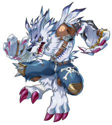  1boy absurdres blue_pants commentary denim digimon digimon_(creature) full_body highres male_focus ongheah pants simple_background single_shoulder_pad solo untranslatable_commentary weregarurumon werewolf white_background yellow_eyes 