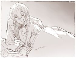  2boys :d aged_down bed_sheet border braid braided_ponytail chaldea_logo chaldea_staff_uniform closed_mouth coat commentary_request eye_contact fate/grand_order fate_(series) hair_between_eyes hand_on_another's_head headpat holding_hands kirschtaria_wodime long_hair long_sleeves looking_at_another m-tobiei male_focus marisbury_animusphere monochrome multiple_boys open_mouth outside_border parted_bangs sepia shirt single_braid smile twitter_username under_covers 
