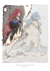  2girls 37_(reverse:1999) absurdres ancient_greek_clothes barefoot black_dress blue_eyes blue_hair burning burnt chinese_commentary commentary_request dress english_text fire freckles frogggu from_side full_body greco-roman_clothes green_eyes highres holding_hands long_hair multiple_girls ocean photo_(object) profile red_hair reverse:1999 sand sandals simple_bird sophia_(manus_vindictae)_(reverse:1999) sophia_(reverse:1999) tears toga walking white_background 