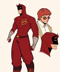  1boy bandaged_arm bandaged_hand bandages blind bodysuit cosmictubes daredevil daredevil_(series) highres holding_baton male_focus marvel matt_murdock red_bodysuit round_eyewear solo sunglasses superhero_costume 