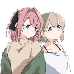  2girls blue_eyes brown_sweater closed_mouth green_jacket grey_hair ini_yoy jacket kamiina_botan kamiina_botan_yoeru_sugata_wa_yuri_no_hana long_hair multiple_girls off-shoulder_shirt off_shoulder pink_hair shirt short_hair simple_background smile sweater tonami_ibuki two_side_up upper_body violet_eyes white_background white_shirt 