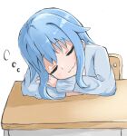  1girl :3 absurdres blue_hair closed_eyes commentary desk fujimi_nemu hair_flaps head_rest highres long_sleeves onii-chan_wa_oshimai! school_desk shuzp1 sidelocks simple_background sleep_bubble sleeping smile solo white_background 