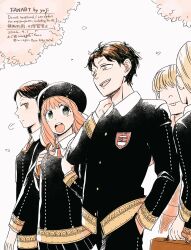  2girls 3boys anya_(spy_x_family) becky_blackbell black_dress black_hair black_jacket black_pants blonde_hair breasts briefcase brown_eyes brown_hair buck_teeth cherry_blossoms commentary_request cowboy_shot damian_desmond dress eden_academy_school_uniform emile_elman ewen_egeburg falling_petals gold_buttons gold_trim green_eyes hair_ornament hairclip hand_in_pocket hand_on_own_neck highres holding holding_briefcase jacket m_agic_hour medium_hair multiple_boys multiple_girls open_mouth pants parted_bangs petals pink_hair red_cross_tie school_uniform short_hair small_breasts spy_x_family teeth twitter_username 
