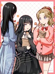  3girls bag black_dress black_hair blonde_hair bow bowtie cardigan cookie dissidia_duellum_final_fantasy dissidia_final_fantasy dress eating final_fantasy final_fantasy_vi final_fantasy_viii final_fantasy_xiv food gaia_(artemis_gothic_dress)_(ff14) gaia_(ff14) goth_fashion highres holding holding_bag holding_food long_hair multiple_girls official_alternate_costume paper_bag pink_cardigan red_lips ren_mizuha rinoa_heartilly rinoa_heartilly_(student_sorceress) school_uniform terra_branford terra_branford_(school_cardigan) 