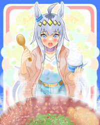  ahoge animal_ears belt blue_eyes blue_pants blush bowl breasts brown_belt chiffon collarbone commentary_request food grey_hair hair_between_eyes hairband highres holding holding_bowl holding_spoon horse_ears horse_girl jacket long_hair long_sleeves oguri_cap_(casual)_(umamusume) oguri_cap_(umamusume) open_mouth pants rice_bowl shirt spoon steaming_food teeth umamusume upper_teeth_only white_shirt 