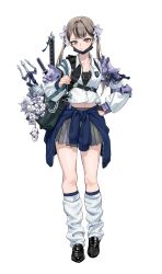  1girl 723_chfhrqur armor bag black_hair black_mask blue_jacket blunt_bangs bulletproof_vest clothes_around_waist collared_shirt full_body grey_hair grey_skirt hair_ribbon hand_on_own_hip highres jacket jacket_around_waist katana loafers long_sleeves looking_at_viewer loose_socks mace mask midriff mouth_mask multicolored_hair navel original pleated_skirt polearm ribbon school_bag shirt shoes shoulder_armor shoulder_bag simple_background skirt socks solo standing surgical_mask sword trident twintails two-tone_hair weapon white_background white_ribbon white_shirt white_socks 