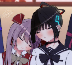  2girls black_bow black_bowtie black_choker black_ribbon black_sailor_collar blunt_bangs blunt_ends blurry blurry_background blush bow bowtie brown_bow brown_bowtie choker closed_eyes collared_shirt commentary_request grey_hair hair_bow hair_ribbon head_tilt heads_together heaven_burns_red highres hime_cut indoors long_hair luchia multiple_girls natsume_inori natsume_inori_(lapis_lazuli_adolescence) official_alternate_costume ogasahara_hisame ogasahara_hisame_(garnet_dusklight) parted_lips plaid_bow plaid_bowtie plaid_clothes ponytail red_bow red_sweater_vest ribbon sailor_collar sailor_shirt school_uniform serafuku shirt sidelocks signature sleeping straight_hair sweater_vest twintails upper_body white_shirt 