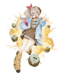  1girl :d animal_ears armband bare_shoulders black_choker black_shoes blonde_hair blue_bow blue_cardigan blue_eyes blue_streaks bow brown_overalls brown_skirt cardigan choker collarbone commentary_request explosion explosion_background eyelashes flower flower_ornament footwear_bow formal_clothes full_body glasses hair_between_eyes hair_bow hair_ornament hairpin hamster hamster_ears hamster_girl hamster_print hand_on_own_hip hand_up highres leg_warmers lestial_v long_sleeves looking_at_viewer looking_over_eyewear midriff_peek multicolored_hair off-shoulder_cardigan open_mouth overalls pink-framed_eyewear pink_armband ponytail reaching reaching_towards_viewer red_bow rin_rinz second-party_source semi-rimless_eyewear shoes sidelocks skindentation skirt sleeves_past_fingers sleeves_past_wrists smile solo sparkle streaked_hair sunflower thai_commentary thigh-highs tuxedo two-tone_hair unholymilk virtual_youtuber white_background white_thighhighs yellow_leg_warmers 