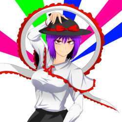  1girl black_hat black_skirt blush bow closed_mouth collared_shirt commentary_request hagoromo hand_on_own_hat hat hat_bow hidaruma long_sleeves nagae_iku purple_hair red_bow red_eyes shawl shirt shirt_tucked_in skirt smile solo touhou white_shirt 