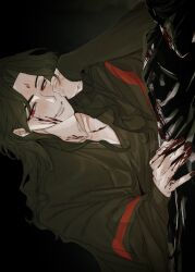  1boy arm_support black_background black_hair black_hanfu black_nails blood blood_on_chest blood_on_face blood_on_hands chinese_clothes commentary_request corpse curtained_hair dark half-closed_eyes hanfu highres korean_commentary long_hair long_sleeves looking_at_viewer luo_binghe male_focus parted_bangs parted_lips pointy_ears red_eyes renzha_fanpai_zijiu_xitong sideways simple_background sleeves_past_wrists smile smirk solo uggugguu9 veins veiny_hands wavy_hair zuiyin 