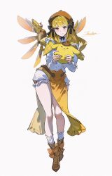  1girl blonde_hair boots brown_boots brown_hat buttoned_cuffs buttons commentary cosplay dog full_body hat hello_kitty highres long_hair mercy_(overwatch) overwatch pelvic_curtain pompompurin pompompurin_(cosplay) road_233 sanrio shirt signature socks solo untranslatable_commentary white_background white_shirt white_socks wings yellow_dog yellow_eyes yellow_wings 