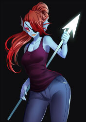  1girl 2016 2d anthro black_background black_eyepatch black_tank_top blue_pants blue_skin breasts cleavage colored_sclera colored_skin colored_teeth commentary contrapposto cowboy_shot curvy digital_media ear_fins english_commentary eyepatch female female_only fins fish fish_girl glowing glowing_weapon head_fins high_ponytail holding holding_polearm holding_spear holding_weapon long_hair looking_at_viewer mayaflare medium_breasts monster monster_girl pants polearm ponytail red_eyes red_hair sharp_teeth simple_background solo spear tank_top teeth thighs undertale undyne utdr_(toby_fox) weapon yellow_sclera yellow_teeth 
