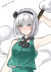  1girl black_hairband blush closed_mouth commentary_request dated gonglijeongli green_skirt green_vest grey_eyes grey_hair hairband highres hitodama katana konpaku_youmu konpaku_youmu_(ghost) looking_at_viewer short_hair simple_background skirt solo sword touhou twitter_username vest weapon white_background youmu_day 