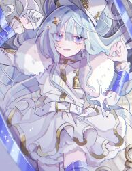  1girl :d absurdres aqua_hair arm_ribbon arms_up belt blue_eyes blue_gem bound bound_arms collar cuffs curled_fingers dot_nose dress earrings fingernails fur-trimmed_dress fur_trim gem gloves gold_buckle hair_between_eyes hair_ornament hair_spread_out half_gloves handcuffs hat highres jewelry layered_dress leg_ribbon long_hair long_sidelocks long_sleeves looking_at_viewer lying military_hat military_uniform nanamiya_ten on_back open_mouth original pinky_out purple_ribbon ribbon sidelocks single_glove single_half_glove smile solo sparkle_print star_(symbol) star_hair_ornament sweat tenshi_kaiwai thigh_ribbon very_long_hair white_belt white_dress white_gloves white_hat 