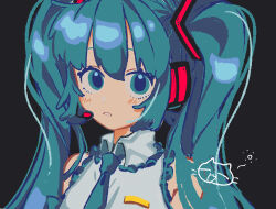  1girl aqua_eyes aqua_hair black_background blue_necktie blunt_bangs blunt_ends blush blush_stickers cat colored_eyebrows colored_eyelashes frilled_shirt frills hatsune_miku headset highres long_hair looking_at_viewer necktie shirt sidelocks sleeveless sleeveless_shirt square_hair_ornament teeth twintails upper_body very_long_hair vocaloid waniwaniwa wing_collar 