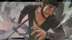  1boy absurdres beard belt black_hair blue_headband blue_robe brown_belt brown_eyes chinese_clothes chinstrap_beard commentary_request facial_hair gauntlets grey_background hand_up hand_wraps headband highres holding holding_sword holding_weapon hua_bucheng lips male_focus mature_male mustache open_mouth pectoral_cleavage pectorals realistic robe scar scar_on_face scar_on_nose short_hair smile solo soul_patch sword toned toned_male weapon where_winds_meet yi_dao_(where_winds_meet) 