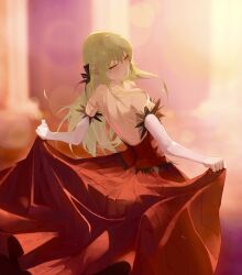  1girl absurdres back bare_shoulders blonde_hair breasts dress gloves hair_ribbon highres holding_own_dress kiss-shot_acerola-orion_heart-under-blade long_hair monogatari_(series) oshino_shinobu red_dress ribbon solo strapless strapless_dress takikomu0 white_gloves yellow_eyes 