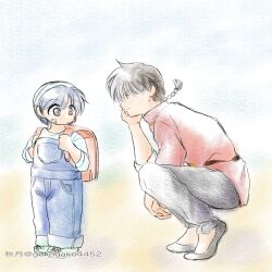  1boy 1girl aged_down backpack bag bandaid bandaid_on_face black_hair black_pants black_shoes blue_hair blue_overalls braid brown_eyes child closed_mouth commentary_request gakogako4452 hand_on_own_chin highres overalls pants randoseru ranma_1/2 red_bag saotome_ranma shoes short_hair single_braid squatting tendou_akane yellow_background 