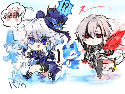  2girls arlecchino_(genshin_impact) ascot asymmetrical_gloves black_ascot black_eyes black_hands black_streaks blue_ascot blue_gem blue_hat blue_jacket blue_pupils chibi coat colored_extremities commentary_request cowlick drop-shaped_pupils eyelash_ornament fingernail_gloves furina_(genshin_impact) gem genshin_impact gloves grey_coat hat heterochromia highres hydro_symbol_(genshin_impact) jacket mismatched_gloves mismatched_pupils multicolored_hair multiple_girls ouji_fashion red_pupils shinoo0915 splendor_of_tranquil_waters_(genshin_impact) streaked_hair suikyou394 symbol-shaped_pupils top_hat white_coat white_hair x-shaped_pupils 