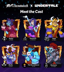  2boys 4girls artist_request asgore_dreemurr asgore_dreemurr_(cosplay) asriel_dreemurr asriel_dreemurr_(cosplay) beard blonde_hair blue_hair brown_hair character_name commentary cosplay crown english_commentary english_text eyepatch facial_hair floppy_ears food fork frisk_(undertale) frisk_(undertale)_(cosplay) harmonie_(necrodancer) heart heph_(necrodancer) highres holding holding_fork holding_microphone holding_plate holding_polearm holding_teapot holding_weapon horns merlin_(necrodancer) mettaton mettaton_(cosplay) microphone muffet muffet_(cosplay) multiple_boys multiple_girls necrodancer_(necrodancer) nocturna_(necrodancer) official_art pie pie_slice plate polearm queen_(necrodancer) red_hair rift_of_the_necrodancer teapot trident undertale undyne undyne_(cosplay) utdr_(toby_fox) weapon 