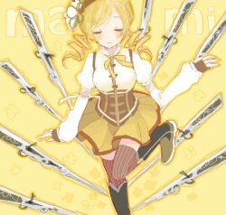  1girl antique_firearm beret black_boots blonde_hair blush boots bow bowtie breasts brown_corset brown_thighhighs character_name closed_eyes closed_mouth colored_shoe_soles corset detached_sleeves drill_hair fingerless_gloves firelock flintlock gloves gun hair_ornament hat jammy21 leg_up magical_musket_(madoka_magica) mahou_shoujo_madoka_magica medium_breasts oekaki outline parted_bangs puffy_short_sleeves puffy_sleeves shirt short_sleeves skirt solo standing standing_on_one_leg striped_clothes thigh-highs tomoe_mami tomoe_mami_(magical_girl) twin_drills vertical-striped_clothes weapon white_shirt white_sleeves wing_collar yellow_background yellow_bow yellow_bowtie yellow_outline yellow_skirt zettai_ryouiki 