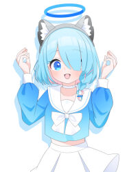  1girl absurdres animal_ear_hairband animal_ears arona_(blue_archive) blue_archive blue_eyes blue_hair blue_halo blue_shirt blush bow bowtie braid braided_sidelock choker collarbone colored_inner_hair commentary_request cowboy_shot drop_shadow fake_animal_ears gradient_clothes gradient_shirt hair_over_one_eye hairband halo hands_up highres long_sleeves looking_at_viewer medium_hair midriff multicolored_hair open_mouth petako_(ptpt_k) pink_hair pleated_skirt sailor_collar shirt sidelocks simple_background single_braid skirt solo white_background white_bow white_bowtie white_choker white_sailor_collar white_skirt wolf_ears 
