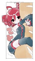  1girl ahoge black_boots black_shirt black_skirt boots dakimakura_(object) dated detached_sleeves drill_hair highres hug kasane_teto kasane_teto_(utau) looking_at_viewer nail_polish pillow pleated_skirt red_eyes red_hair red_nails shirt skirt sleeveless sleeveless_shirt smile solo soreeyu_(sore-yu) thigh_boots twin_drills utau v 