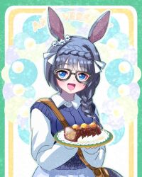  1girl animal_ears bag black-framed_eyewear black_hair blue_eyes blue_sweater_vest blush braid braided_ponytail breasts casual chiffon collared_shirt commentary_request crown_braid curry curry_rice food glasses handbag holding holding_plate horse_ears horse_girl horse_tail long_hair long_sleeves open_mouth plate rice shirt skirt smile solo sweater_vest tail umamusume white_shirt zenno_rob_roy_(casual)_(umamusume) zenno_rob_roy_(umamusume) 