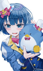  >_o 1girl absurdres blue_eyes blue_hair blue_shirt blue_vest blue_wrist_cuffs blush bow candy_cane_ornament clothing_cutout clover_hair_ornament collar dutch_angle fingernails frilled_wrist_cuffs frills hair_ornament hand_up hat hat_ornament heart heart_hat_ornament heart_in_eye highres holding holding_stuffed_toy kiritani_haruka long_sleeves looking_at_viewer matching_accessory mini_hat mini_top_hat neu_33 one_eye_closed pink_bow pink_ribbon pocket project_sekai ribbon shirt short_hair shoulder_cutout simple_background solo_focus stuffed_animal stuffed_penguin stuffed_toy symbol_in_eye tilted_headwear top_hat two-tone_shirt vest white_background white_hat white_shirt wrist_cuffs 