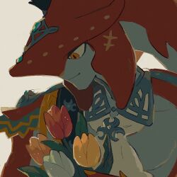  1boy closed_mouth fins fish_boy flower grey_background head_fins highres hmtmgl holding holding_flower looking_down male_focus orange_flower orange_tulip profile red_flower red_tulip scar scar_on_head sidon simple_background slit_pupils smile solo the_legend_of_zelda the_legend_of_zelda:_breath_of_the_wild tulip upper_body white_flower white_tulip yellow_flower yellow_tulip zora 