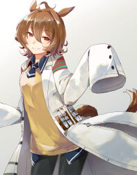  1girl agnes_tachyon_(tach-nology)_(umamusume) agnes_tachyon_(umamusume) ahoge animal_ears black_necktie black_pantyhose blush breasts brown_hair chemical_structure coat cork earrings fuuchisou hair_between_eyes highres horse_ears horse_girl horse_tail jewelry lab_coat long_sleeves medium_hair necktie pantyhose parted_lips red_eyes shirt short_necktie simple_background single_earring sleeves_past_fingers sleeves_past_wrists smile solo sweater sweater_vest tail test_tube umamusume white_coat wolf_cut yellow_sweater yellow_sweater_vest 