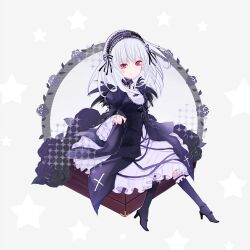  1girl bib_collar black_boots black_bow black_dress black_flower black_ribbon black_rose boots bow bow_hairband chinese_commentary closed_mouth commentary_request cross cross-laced_clothes cross-laced_dress cross_print dress flower frilled_boots frilled_dress frilled_sleeves frills full_body gothic_lolita grey_background grey_hairband hair_flower hair_ornament hair_ribbon hairband halftone happy high_heel_boots high_heels highres holding_own_dress juliet_sleeves lace-trimmed_hairband lace_trim layered_dress layered_sleeves lolita_fashion lolita_hairband long_hair long_sleeves looking_at_viewer medium_dress miqing mixed-language_commentary on_suitcase one_side_up petals picture_frame print_dress puffy_sleeves red_eyes ribbon rose rose_petals rozen_maiden sitting sleeve_ribbon smile solo star_(symbol) star_symbol_background suigintou white_dress white_hair wide_sleeves 