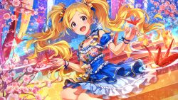  1girl :d blonde_hair blue_dress blue_ribbon breasts card_commentary commentary_request detached_sleeves dress emily_stewart floating_hair flower game_cg idolmaster idolmaster_million_live! idolmaster_million_live!_theater_days long_hair looking_at_viewer official_alternate_costume official_art open_mouth origami paper_crane plum_blossoms puffy_detached_sleeves puffy_sleeves ribbon smile solo third-party_source twintails violet_eyes wrist_ribbon 