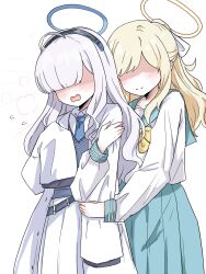  2girls ahoge aqua_skirt arm_hug blonde_hair blue_archive blue_halo blue_sweater_vest bow bowtie commentary_request grey_hair hair_over_eyes hair_ribbon halo highres lab_coat long_hair long_sleeves millennium_science_school_student_b_(blue_archive) multiple_girls pleated_skirt ribbon school_uniform serafuku skirt sleeves_past_fingers sleeves_past_wrists smile sweater_vest tachikaze_miyako trinity_student_(blue_archive) very_long_hair white_ribbon yellow_bow yellow_bowtie yellow_halo 