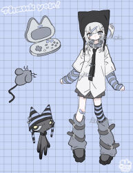  1girl am314 animal_hat bandaid bandaid_on_knee bandaid_on_leg black_cat black_hat black_necktie black_thighhighs blue_background blue_thighhighs breast_pocket cat cat_hat collar commentary_request commission full_body grey_collar grey_eyes grey_leg_warmers grey_shoes grey_skirt hair_ornament hairclip handheld_game_console hat highres layered_sleeves leg_warmers long_sleeves looking_at_viewer medium_hair mouse_(animal) necktie one_side_up original pocket sample_watermark shirt shoes short_sleeves skeb_commission skirt solo standing striped_clothes striped_thighhighs thank_you thigh-highs watermark white_hair white_shirt y2k_fashion 