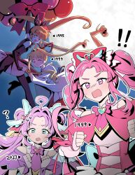  ! !! 1995 1999 2027 4girls ? akechi_anna balloon black_dress black_gloves black_thighhighs blonde_hair blue_eyes bow bowtie braid brooch capelet clenched_hands closed_mouth commentary crossover cure_answer cure_mystique double_bun dress elbow_gloves frown full_moon glove_ribbon gloves hair_bow hair_bun hair_intakes hair_ornament hair_ribbon hakama hakama_skirt haneoka_meimi heart heart_brooch heart_hair_ornament hello_silly0081 highres holding holding_hands japanese_clothes jewelry kaitou_jeanne kaitou_saint_tail kamikaze_kaitou_jeanne kobayashi_mikuru kusakabe_maron layered_gloves long_hair long_sleeves looking_at_another looking_back magical_girl meitantei_precure! moon multiple_girls night one_eye_closed open_mouth outdoors outline parted_bangs pink_bow pink_bowtie pink_hair ponytail precure purple_bow purple_bowtie purple_capelet purple_hair question_mark_ahoge red_bow red_capelet red_dress red_ribbon red_skirt ribbon saint_tail shirt short_dress skirt sleeveless sleeveless_dress smile sweatdrop thigh-highs twin_braids very_long_hair violet_eyes white_gloves white_outline white_shirt wide_sleeves wing_hair_ornament 