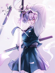  1girl arm_up belt black_belt black_hairband black_necktie collared_shirt commentary_request cowboy_shot falling_petals flower ghost_tail green_skirt green_vest grey_hair hair_flower hair_ornament hairband hand_on_sheath highres holding holding_sword holding_weapon katana konpaku_youmu long_sleeves looking_at_viewer necktie one_eye_closed parted_lips petals pink_flower pink_petals puffy_long_sleeves puffy_sleeves red_eyes shirt short_hair skirt skirt_set solo standing sword tenx2_1341 touhou vest weapon white_shirt 