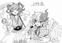 2girls animal_on_head baby_animal bag bagged_fish bird bird_on_head bird_wings blush breasts candy_apple chick closed_eyes coin coin_on_string commentary_request dated facing_viewer feathered_wings fish food greyscale hair_bobbles hair_ornament holding holding_candy_apple holding_food itomugi-kun long_sleeves medium_breasts medium_hair monochrome multicolored_hair multiple_girls niwatari_kutaka obi obidome on_head onozuka_komachi open_mouth puffy_short_sleeves puffy_sleeves sash scythe short_sleeves smile sweatdrop touhou translation_request two-tone_hair two_side_up wings 