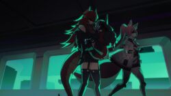 3girls absurdres animal_ears black_gloves black_jacket bodysuit breasts carrying carrying_person commentary cyborg dragon_girl dragon_horns dragon_tail fox_ears fox_girl fox_tail gloves grey_hair highres horns indie_virtual_youtuber jacket kuroi_enpitsu leg_armor mechanical_legs meicha_(vtuber) multiple_girls pink_hair ponytail red_bodysuit red_hair see-through_cleavage see-through_clothes tail thigh-highs thighs virtual_youtuber walking white_jacket zentreya