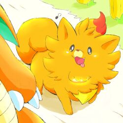  bandana claws commentary_request dragonite fangs highres kinakomochi_(kazuna922) looking_up musical_note no_humans open_mouth orange_fur pokemon pokemon_(creature) pokemon_focus pombon smile tail tongue tongue_out yellow_bandana 