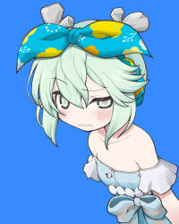  1girl antlers bare_shoulders blue_background blue_dress blue_ribbon blush bow breasts commentary_request dress fate/grand_order fate_(series) green_eyes green_hair hair_between_eyes hair_ribbon highres horns looking_at_viewer louhi_(fate) louhi_(first_ascension)_(fate) ribbon short_hair sidelocks simple_background small_breasts solo yunji 