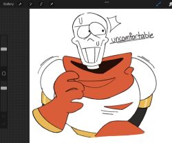  1boy 2023 2d ^^^ armor art_program_in_frame cape commentary cropped_torso digital_media english_commentary english_text gloves hand_up highres humanoid male male_focus male_only monster monster_boy nervous onerudegentlman papyrus_(undertale) procreate_(medium) red_cape red_gloves sideways_glance simple_background skeleton solo surprised sweat teeth text undead undertale utdr_(toby_fox) white_armor white_background 