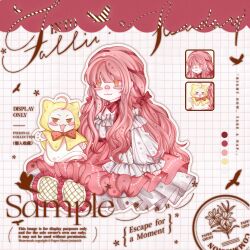  1girl :3 ahoge animal beads belt bird black_belt blunt_bangs blush_stickers bow bow_choker bowtie brown_eyes cat changlumanmanqixiuyuanxi character_doll chinese_commentary choker cloak close-up closed_mouth clothed_animal color_guide commentary_request deformed doll ear_covers frilled_shirt frilled_skirt frilled_sleeves frills grey_bow grid_background hair_bow hair_ribbon high-waist_skirt highres hood hood_up hooded_cloak infinity_nikki long_hair long_sidelocks long_skirt long_sleeves momo_(nikki) nikki_(nikki) nikki_(series) objectification off-shoulder_shirt off_shoulder outline pawpads perfect_start_(infinity_nikki) pink_bow pink_bowtie pink_choker pink_hair pink_ribbon pink_shoes pink_skirt pleated_skirt puffy_long_sleeves puffy_sleeves red_bow red_bowtie ribbon sample_watermark shirt shoes sidelocks single_stripe sitting skirt sleeve_bow sleeves_past_wrists smile solid_oval_eyes striped_bow striped_bowtie striped_clothes stuffed_animal stuffed_cat stuffed_toy too_many_watermarks tress_ribbon v-shaped_eyebrows very_long_hair watermark waving wavy_hair white_background white_cat white_outline white_shirt yellow_cloak 