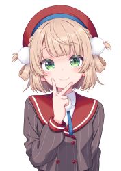  1girl absurdres beret black_jacket blonde_hair blue_ribbon closed_mouth commentary_request green_eyes hair_ornament hat highres indie_virtual_youtuber jacket light_blush looking_at_viewer neck_ribbon pom_pom_(clothes) pom_pom_hair_ornament red_hat red_sailor_collar reimei_(r758120518) ribbon sailor_collar shigure_ui_(vtuber) shirt short_hair sidelocks smile solo striped_clothes striped_jacket transparent_background two_side_up upper_body v vertical-striped_clothes vertical-striped_jacket virtual_youtuber white_shirt 