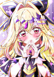  1girl absurdres antenna_hair artist_name black_bow black_bowtie black_capelet black_dress blonde_hair blurry bow bowtie brooch capelet commentary covered_mouth cure_arcana_shadow diamond_hairband dress frilled_capelet frilled_cuffs frills gradient_hair hair_bow hair_intakes heart heart_brooch highres jewelry light_particles long_hair looking_at_viewer magical_girl meitantei_precure! moria_luluka multicolored_hair pixiv_logo pixiv_username potacure precure signature solo sparkle steepled_fingers twitter_username twitter_x_logo upper_body violet_eyes 