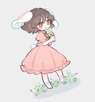  1girl animal_ears black_hair blush carrot_necklace dress flower full_body hair_between_eyes highres holding holding_flower inaba_tewi jewelry m_(m073111) necklace open_mouth pink_dress rabbit_ears rabbit_tail red_eyes short_hair short_sleeves signature smile socks solo striped striped_socks tail touhou twitter_username vertical-striped_socks vertical_stripes white_flower 