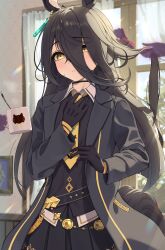  1girl absurdres adjusting_clothes adjusting_necktie ahoge animal_ears azuki_(azuki_azukki) black_choker black_coat black_gloves black_hair black_shirt black_skirt blush brushing_another's_hair brushing_hair choker closed_mouth coat coffee_mug collared_shirt commentary_request cup disembodied_hand ear_tag earrings gloves hair_between_eyes hair_brush hands_in_another's_hair highres holding holding_cup holding_hair_brush horse_ears horse_girl horse_tail jewelry long_bangs long_hair long_hair_between_eyes long_sleeves manhattan_cafe_(creeping_shadow)_(umamusume) manhattan_cafe_(umamusume) mug multicolored_hair necktie shirt single_earring skirt tail umamusume white_hair yellow_eyes yellow_necktie 