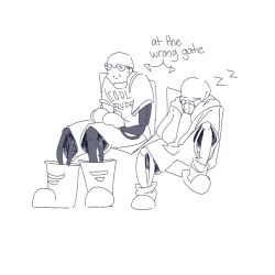  1:1 2023 2boys 2d arrow_(symbol) brothers closed_eyes clothes_writing commentary digital_media duo english_commentary english_text eyewear_on_head holding hood hood_down hooded_jacket humanoid jacket knee_up long_sleeves male male_focus male_only monochrome monster monster_boy multiple_boys onerudegentlman open_clothes open_jacket papyrus_(undertale) sans_(undertale) shirt siblings simple_background sitting skeleton sleeping spot_color sweater t-shirt tape teeth text undead undertale utdr_(toby_fox) white_background zzz 