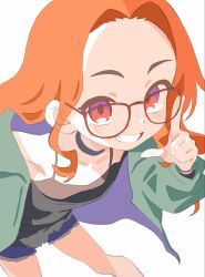  1girl camisole commentary denim denim_shorts flat_chest forehead glasses highres jacket long_hair looking_at_viewer open_clothes open_jacket orange_eyes orange_hair original shorts simple_background smile solo takarai_shunsuke untranslatable_commentary white_background 